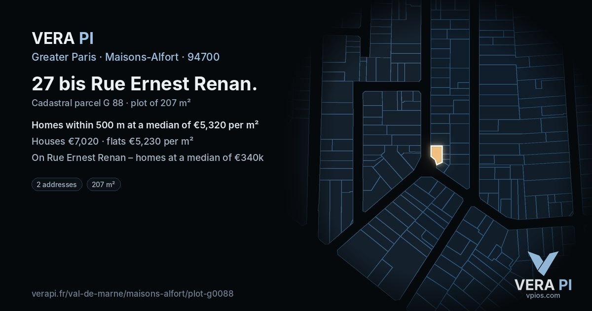 27 bis Rue Ernest Renan, Maisons-Alfort at night – the plot lit, the parcels around coloured by the prices near them