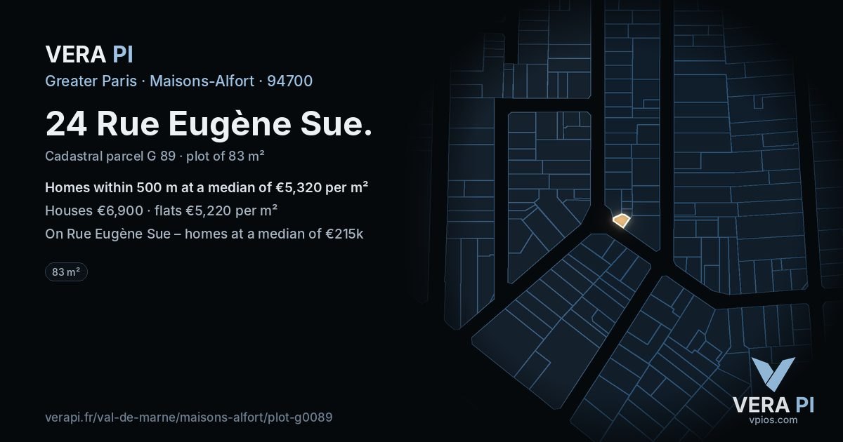24 Rue Eugène Sue, Maisons-Alfort at night – the plot lit, the parcels around coloured by the prices near them