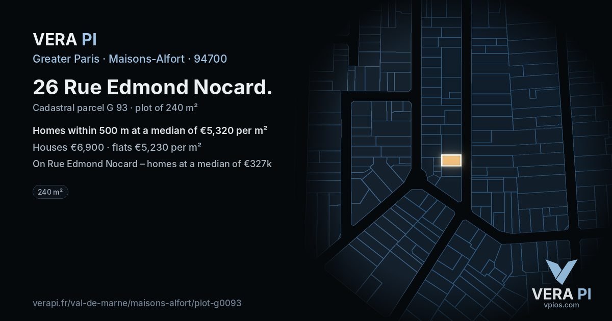 26 Rue Edmond Nocard, Maisons-Alfort at night – the plot lit, the parcels around coloured by the prices near them