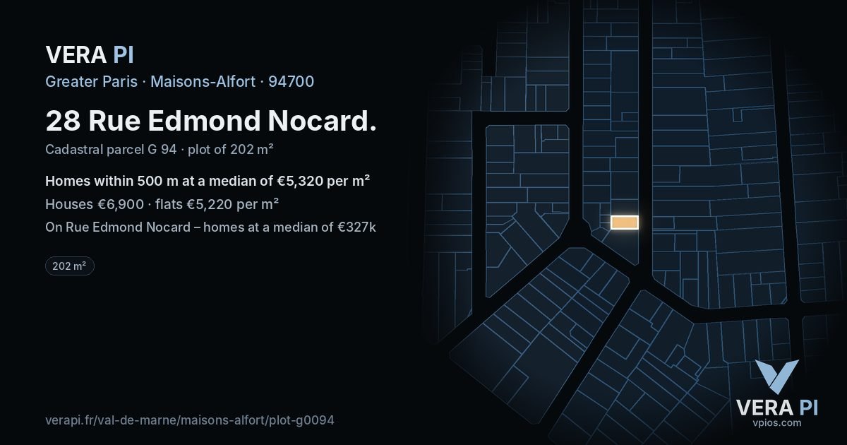 28 Rue Edmond Nocard, Maisons-Alfort at night – the plot lit, the parcels around coloured by the prices near them