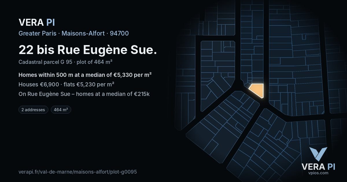 22 bis Rue Eugène Sue, Maisons-Alfort at night – the plot lit, the parcels around coloured by the prices near them