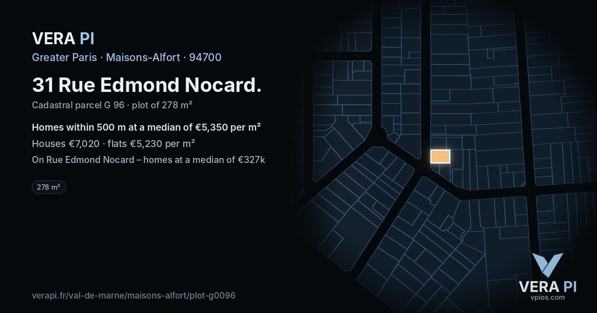 31 Rue Edmond Nocard, Maisons-Alfort at night – the plot lit, the parcels around coloured by the prices near them