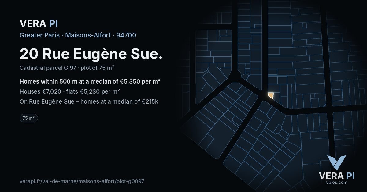 20 Rue Eugène Sue, Maisons-Alfort at night – the plot lit, the parcels around coloured by the prices near them
