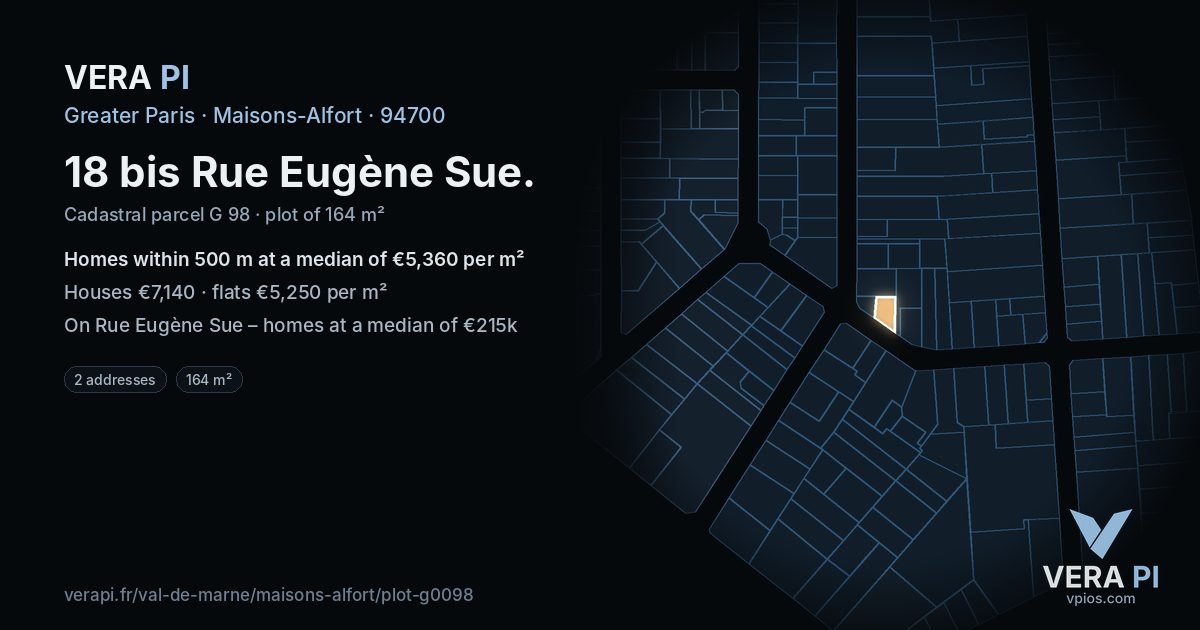 18 bis Rue Eugène Sue, Maisons-Alfort at night – the plot lit, the parcels around coloured by the prices near them