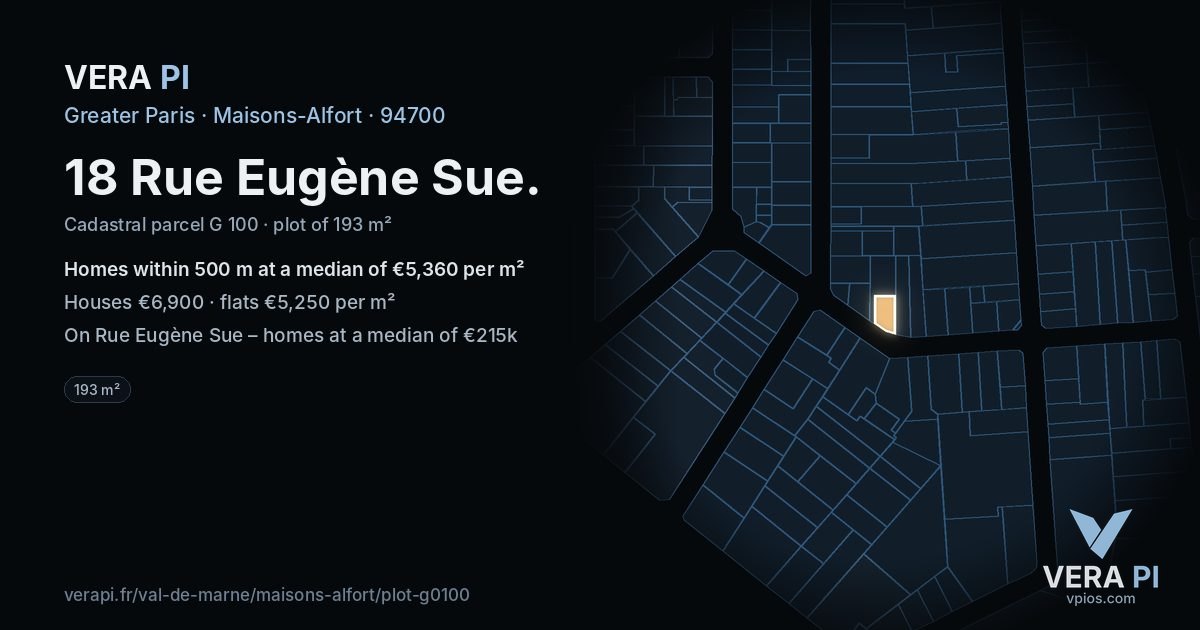 18 Rue Eugène Sue, Maisons-Alfort at night – the plot lit, the parcels around coloured by the prices near them