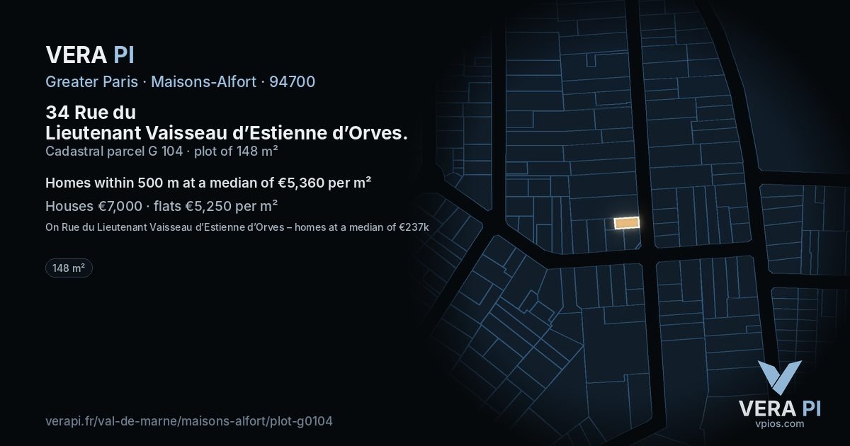 34 Rue du Lieutenant Vaisseau d’Estienne d’Orves, Maisons-Alfort at night – the plot lit, the parcels around coloured by the prices near them