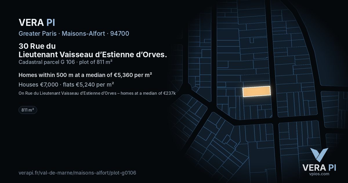 30 Rue du Lieutenant Vaisseau d’Estienne d’Orves, Maisons-Alfort at night – the plot lit, the parcels around coloured by the prices near them