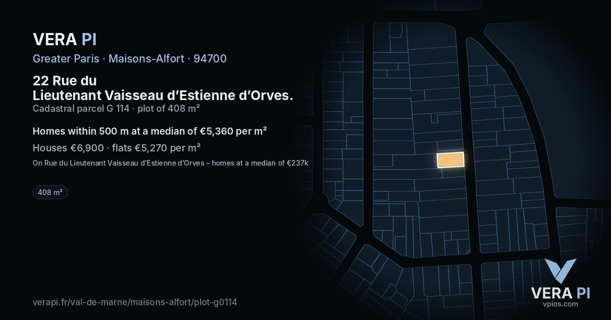 22 Rue du Lieutenant Vaisseau d’Estienne d’Orves, Maisons-Alfort at night – the plot lit, the parcels around coloured by the prices near them