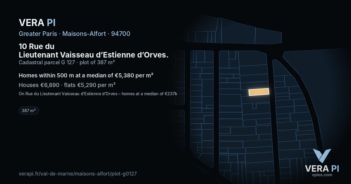 10 Rue du Lieutenant Vaisseau d’Estienne d’Orves, Maisons-Alfort at night – the plot lit, the parcels around coloured by the prices near them