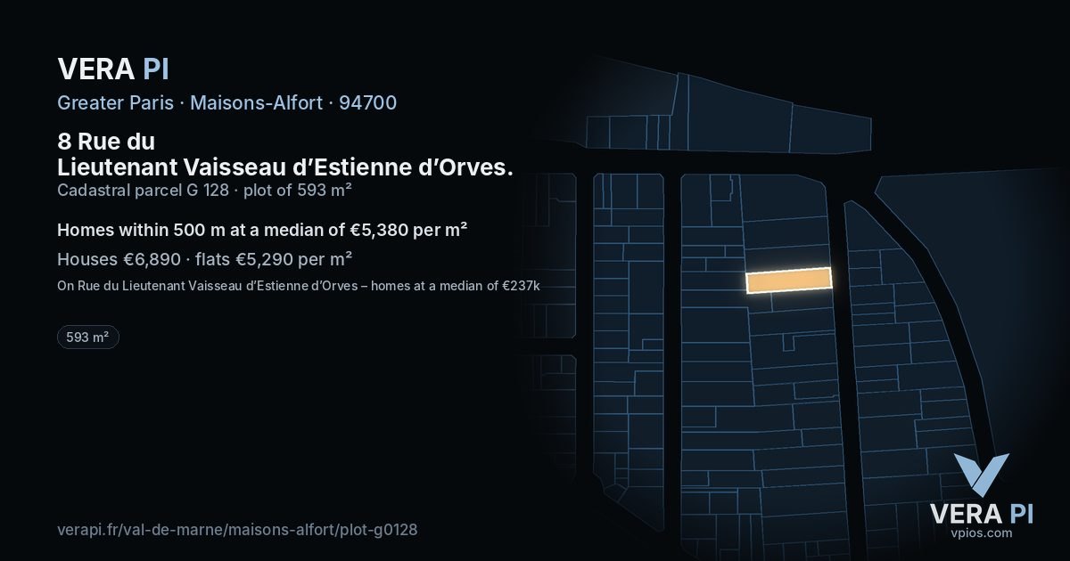 8 Rue du Lieutenant Vaisseau d’Estienne d’Orves, Maisons-Alfort at night – the plot lit, the parcels around coloured by the prices near them