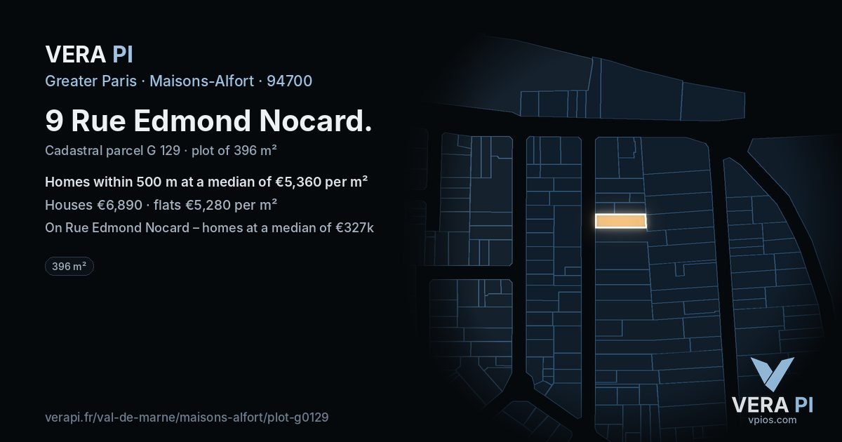 9 Rue Edmond Nocard, Maisons-Alfort at night – the plot lit, the parcels around coloured by the prices near them
