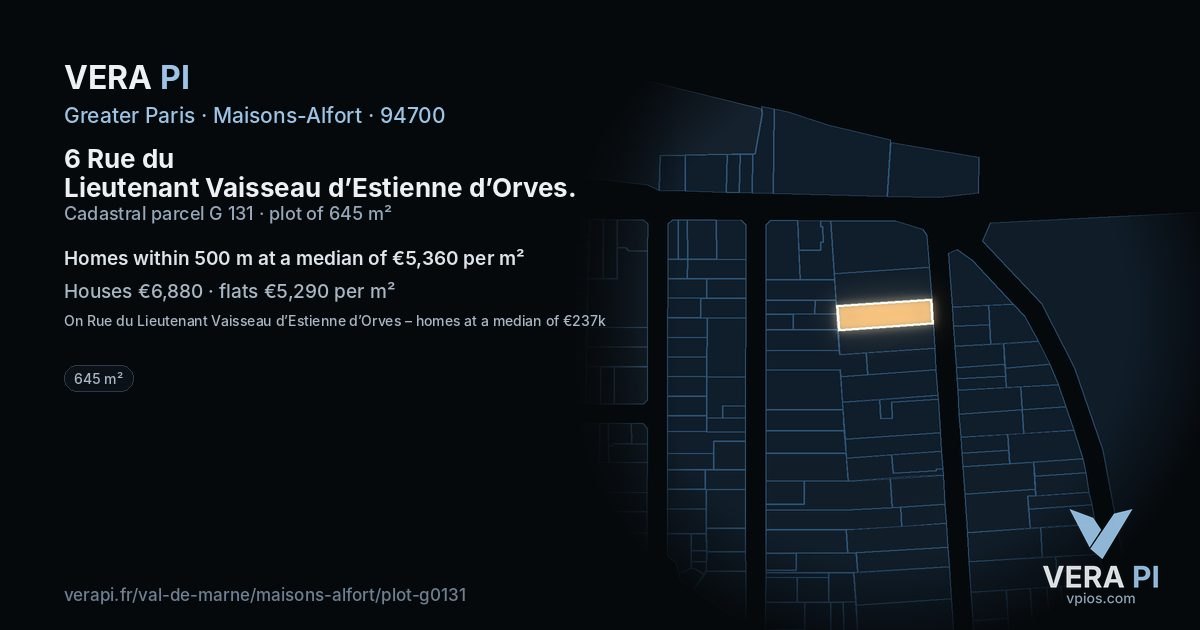 6 Rue du Lieutenant Vaisseau d’Estienne d’Orves, Maisons-Alfort at night – the plot lit, the parcels around coloured by the prices near them