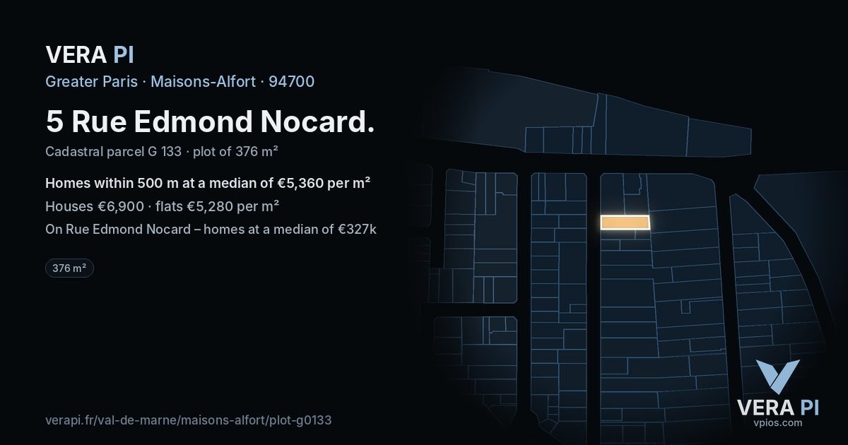 5 Rue Edmond Nocard, Maisons-Alfort at night – the plot lit, the parcels around coloured by the prices near them