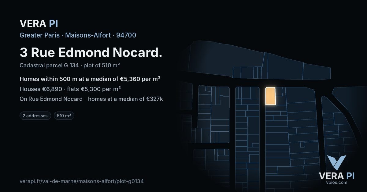 3 Rue Edmond Nocard, Maisons-Alfort at night – the plot lit, the parcels around coloured by the prices near them
