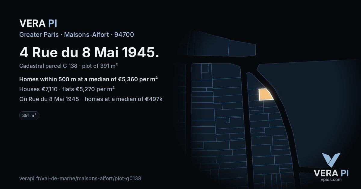 4 Rue du 8 Mai 1945, Maisons-Alfort at night – the plot lit, the parcels around coloured by the prices near them