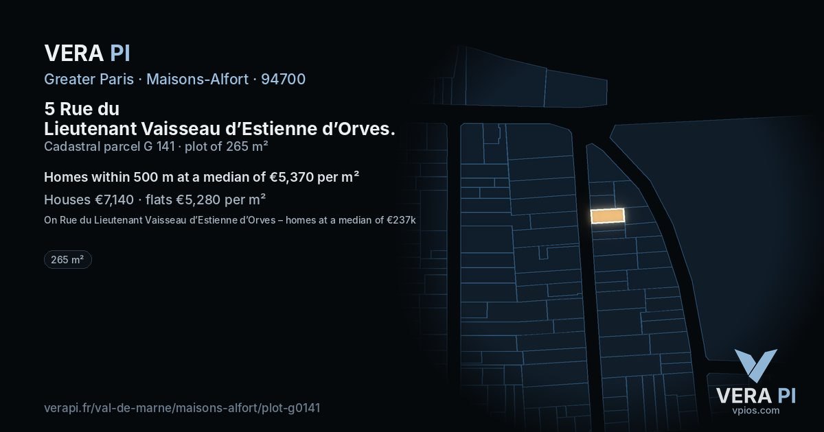 5 Rue du Lieutenant Vaisseau d’Estienne d’Orves, Maisons-Alfort at night – the plot lit, the parcels around coloured by the prices near them