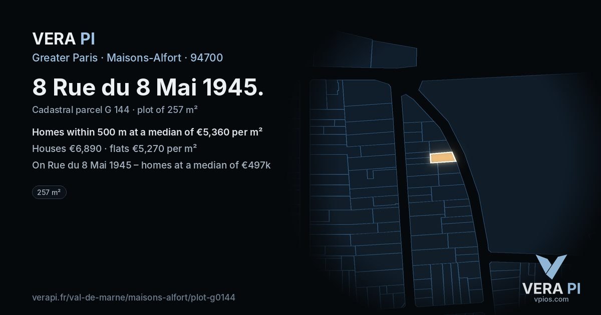 8 Rue du 8 Mai 1945, Maisons-Alfort at night – the plot lit, the parcels around coloured by the prices near them