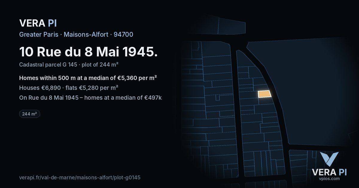 10 Rue du 8 Mai 1945, Maisons-Alfort at night – the plot lit, the parcels around coloured by the prices near them