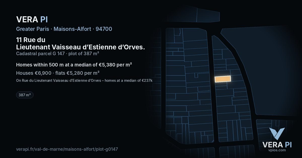 11 Rue du Lieutenant Vaisseau d’Estienne d’Orves, Maisons-Alfort at night – the plot lit, the parcels around coloured by the prices near them