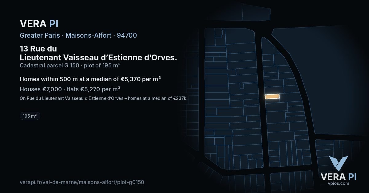 13 Rue du Lieutenant Vaisseau d’Estienne d’Orves, Maisons-Alfort at night – the plot lit, the parcels around coloured by the prices near them