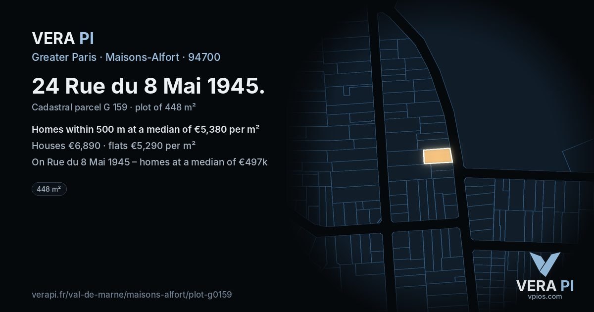 24 Rue du 8 Mai 1945, Maisons-Alfort at night – the plot lit, the parcels around coloured by the prices near them