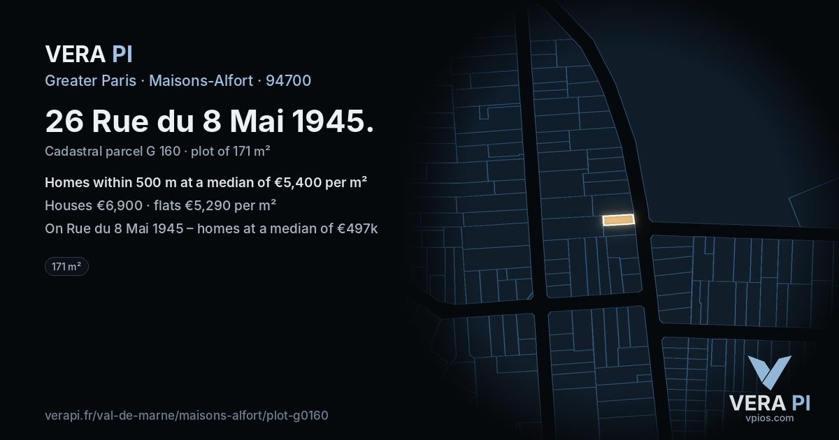 26 Rue du 8 Mai 1945, Maisons-Alfort at night – the plot lit, the parcels around coloured by the prices near them