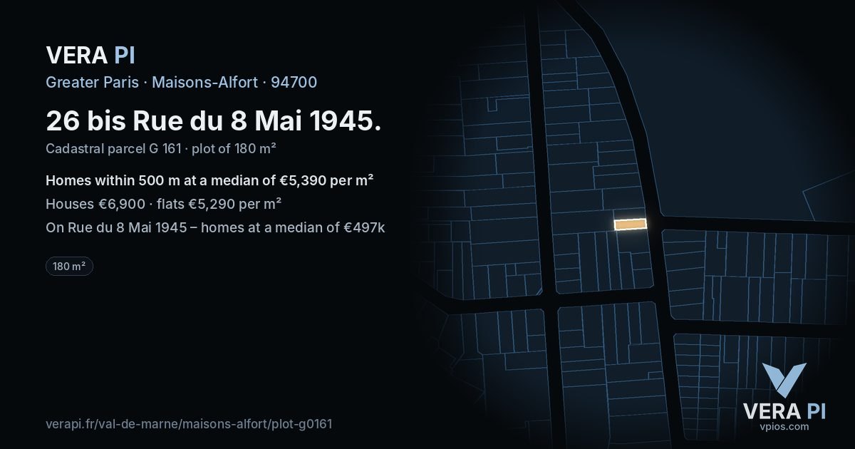 26 bis Rue du 8 Mai 1945, Maisons-Alfort at night – the plot lit, the parcels around coloured by the prices near them