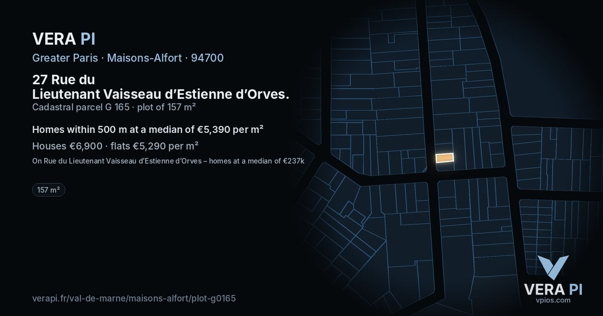 27 Rue du Lieutenant Vaisseau d’Estienne d’Orves, Maisons-Alfort at night – the plot lit, the parcels around coloured by the prices near them