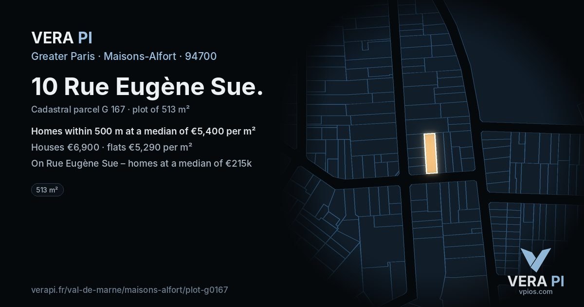 10 Rue Eugène Sue, Maisons-Alfort at night – the plot lit, the parcels around coloured by the prices near them