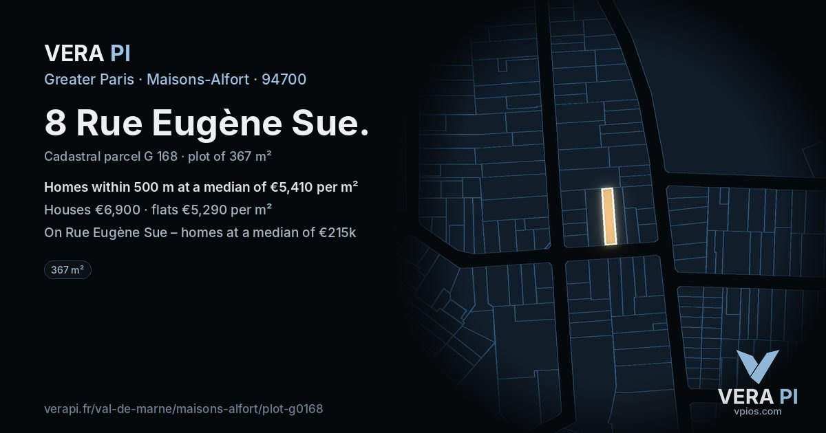 8 Rue Eugène Sue, Maisons-Alfort at night – the plot lit, the parcels around coloured by the prices near them