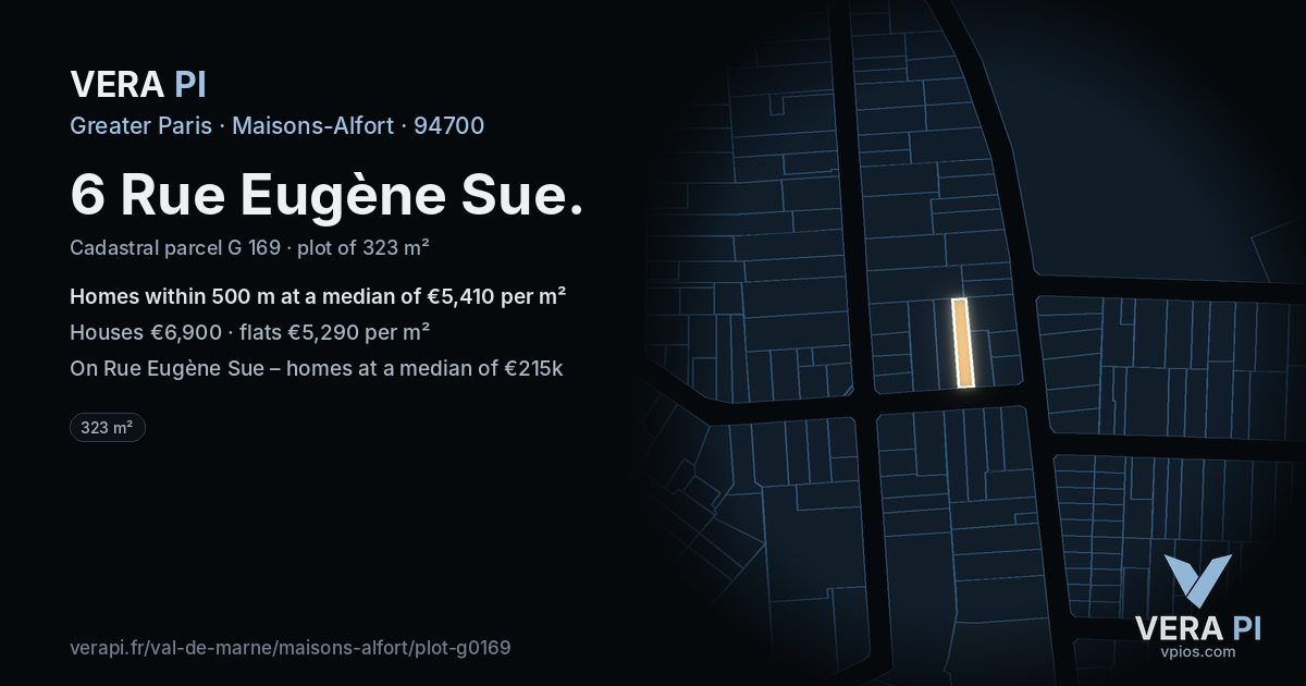 6 Rue Eugène Sue, Maisons-Alfort at night – the plot lit, the parcels around coloured by the prices near them