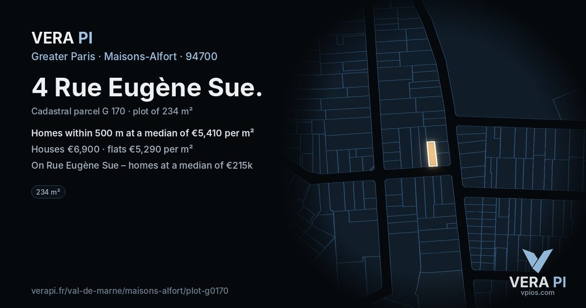 4 Rue Eugène Sue, Maisons-Alfort at night – the plot lit, the parcels around coloured by the prices near them