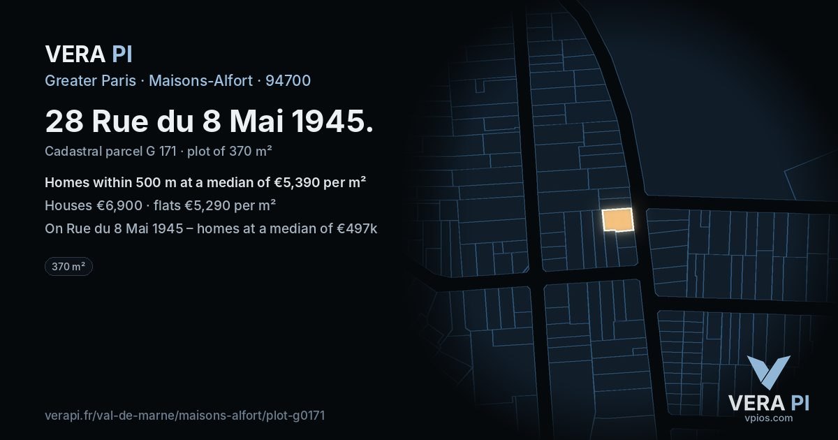 28 Rue du 8 Mai 1945, Maisons-Alfort at night – the plot lit, the parcels around coloured by the prices near them