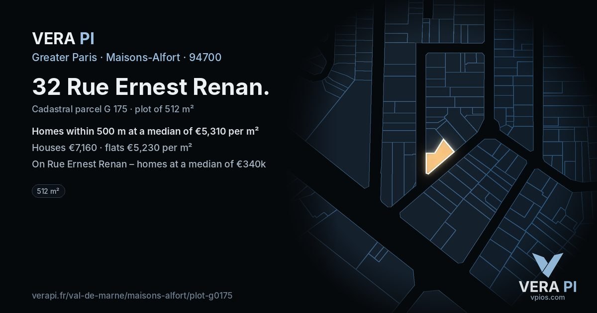 32 Rue Ernest Renan, Maisons-Alfort at night – the plot lit, the parcels around coloured by the prices near them