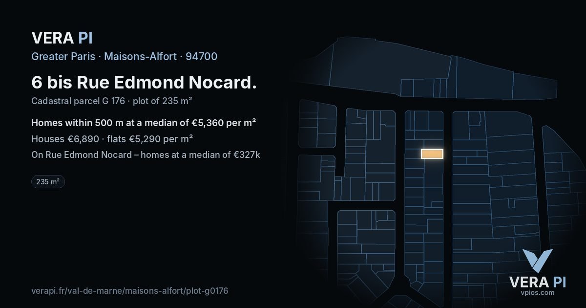 6 bis Rue Edmond Nocard, Maisons-Alfort at night – the plot lit, the parcels around coloured by the prices near them
