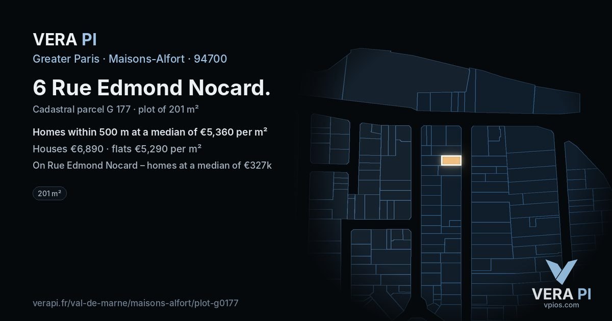 6 Rue Edmond Nocard, Maisons-Alfort at night – the plot lit, the parcels around coloured by the prices near them