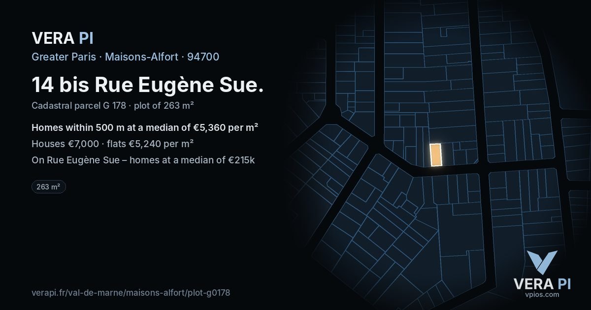 14 bis Rue Eugène Sue, Maisons-Alfort at night – the plot lit, the parcels around coloured by the prices near them