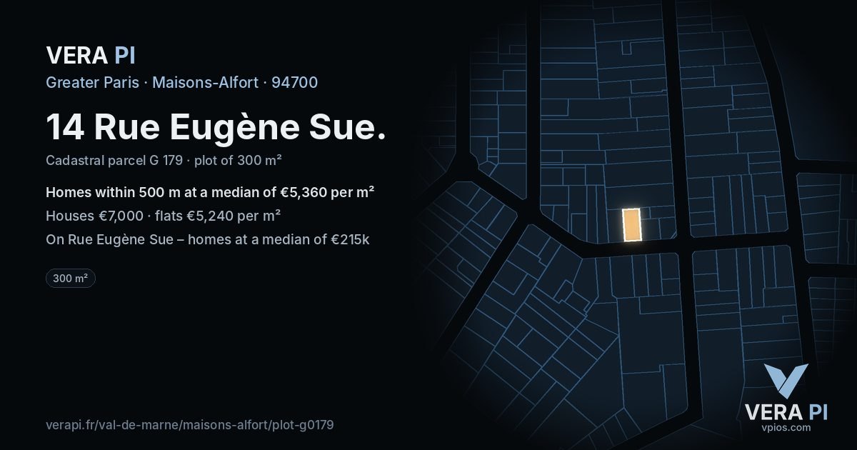 14 Rue Eugène Sue, Maisons-Alfort at night – the plot lit, the parcels around coloured by the prices near them