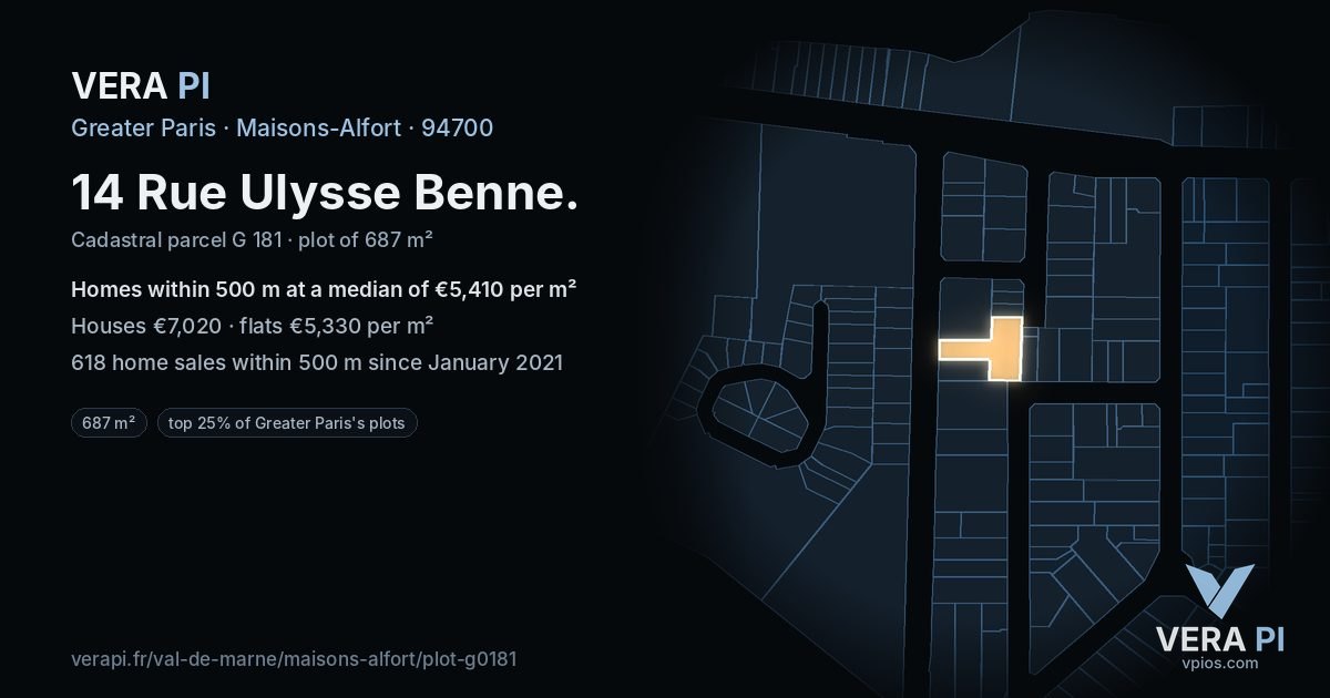 14 Rue Ulysse Benne, Maisons-Alfort at night – the plot lit, the parcels around coloured by the prices near them