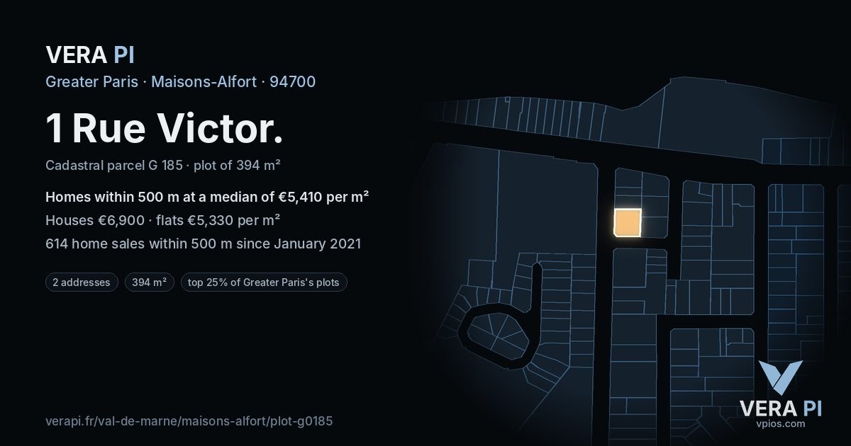1 Rue Victor, Maisons-Alfort at night – the plot lit, the parcels around coloured by the prices near them