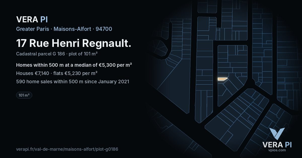 17 Rue Henri Regnault, Maisons-Alfort at night – the plot lit, the parcels around coloured by the prices near them