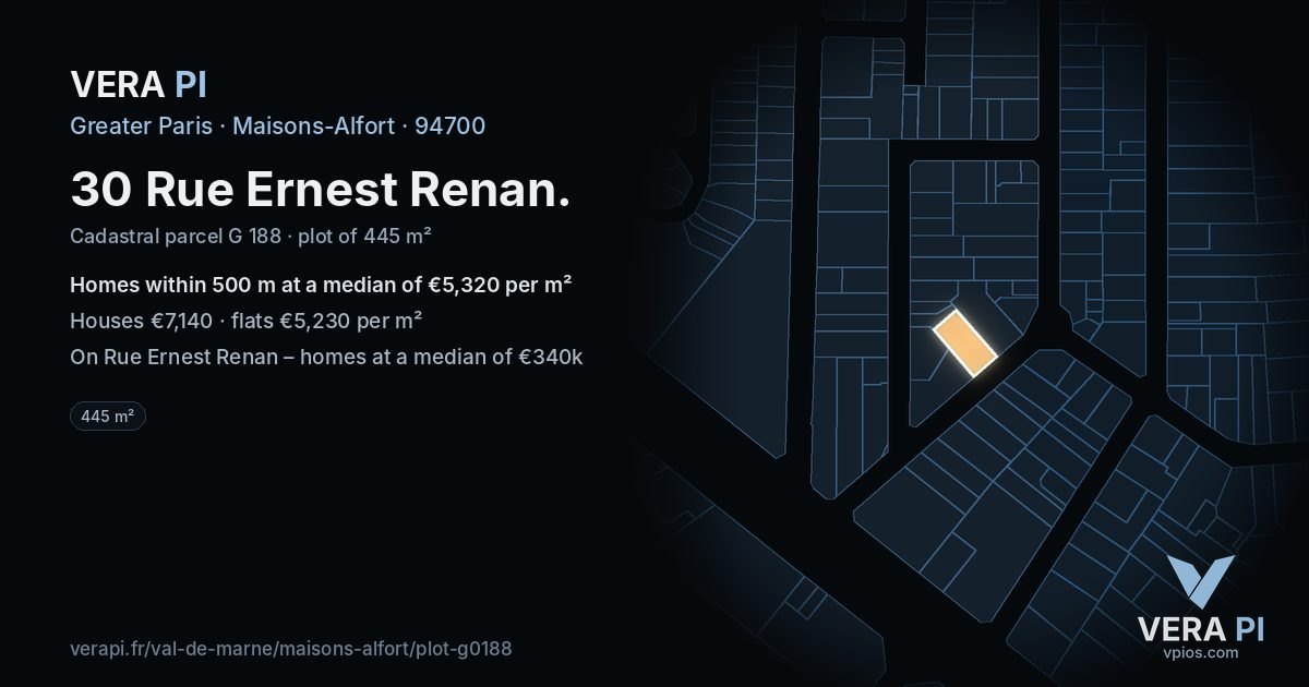 30 Rue Ernest Renan, Maisons-Alfort at night – the plot lit, the parcels around coloured by the prices near them