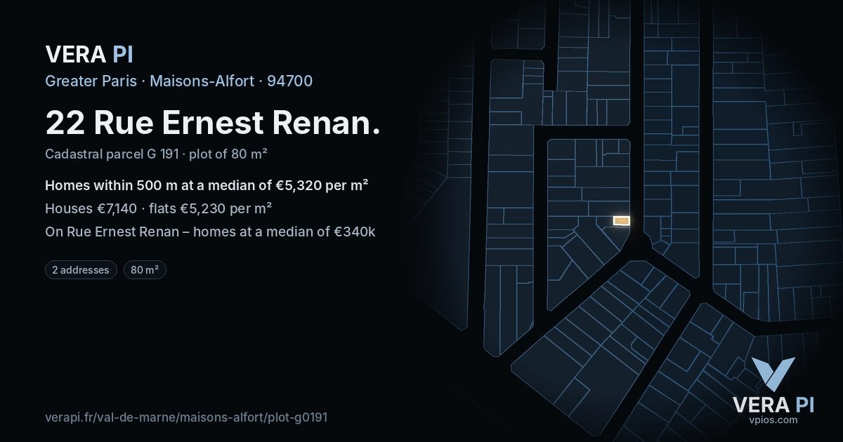 22 Rue Ernest Renan, Maisons-Alfort at night – the plot lit, the parcels around coloured by the prices near them