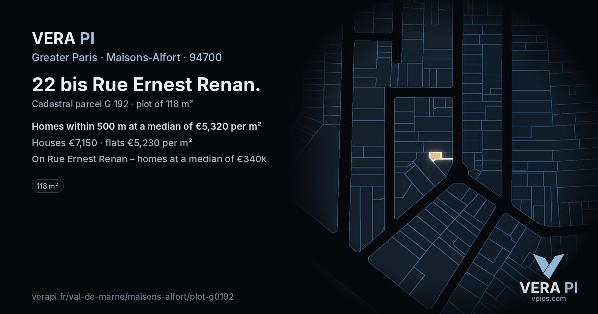 22 bis Rue Ernest Renan, Maisons-Alfort at night – the plot lit, the parcels around coloured by the prices near them