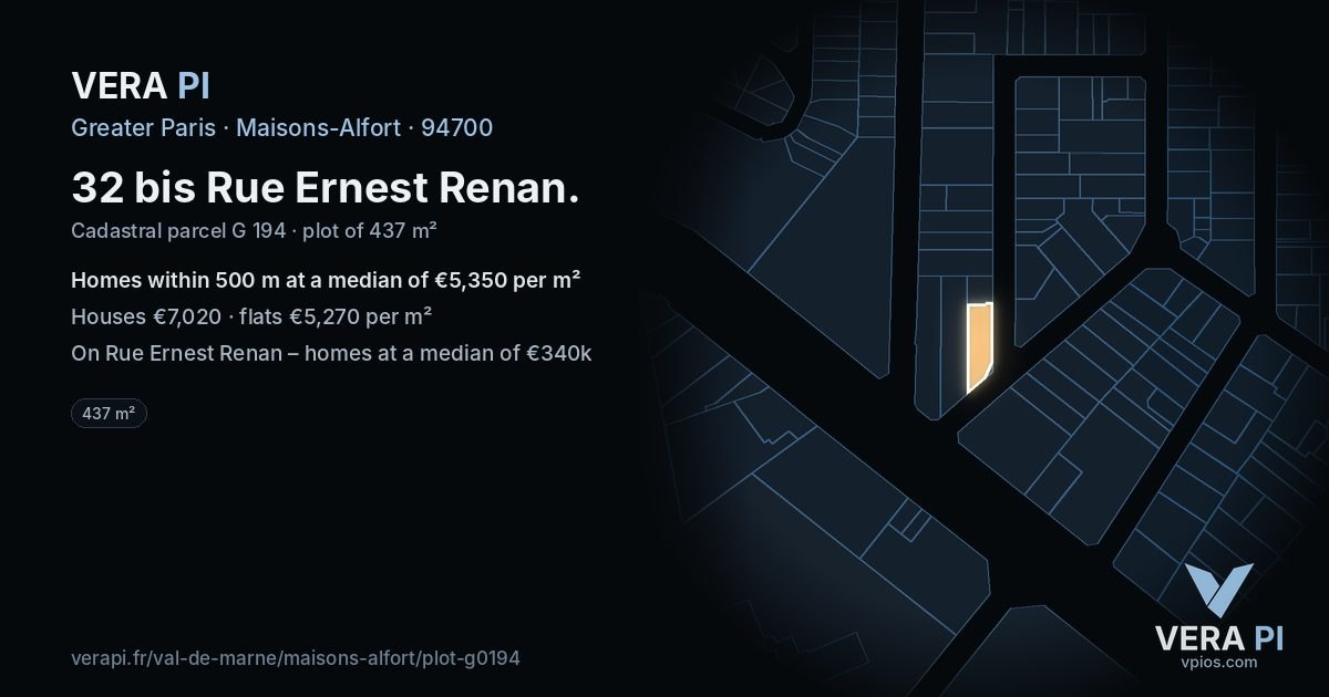 32 bis Rue Ernest Renan, Maisons-Alfort at night – the plot lit, the parcels around coloured by the prices near them