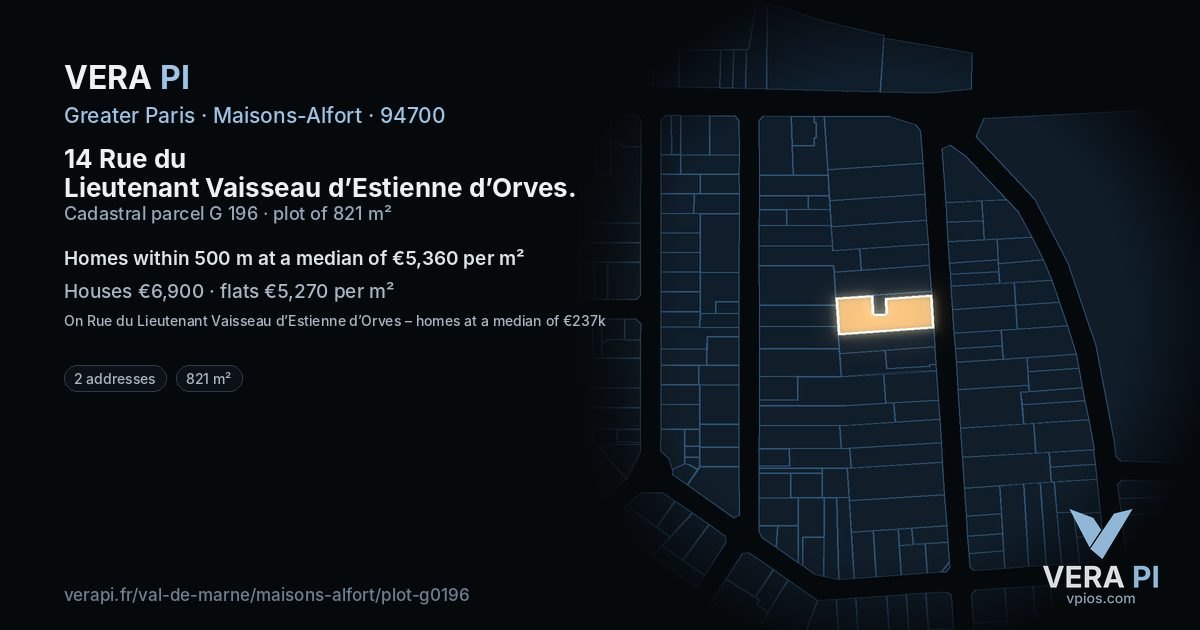 14 Rue du Lieutenant Vaisseau d’Estienne d’Orves, Maisons-Alfort at night – the plot lit, the parcels around coloured by the prices near them