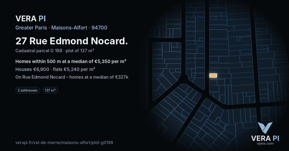 27 Rue Edmond Nocard, Maisons-Alfort at night – the plot lit, the parcels around coloured by the prices near them