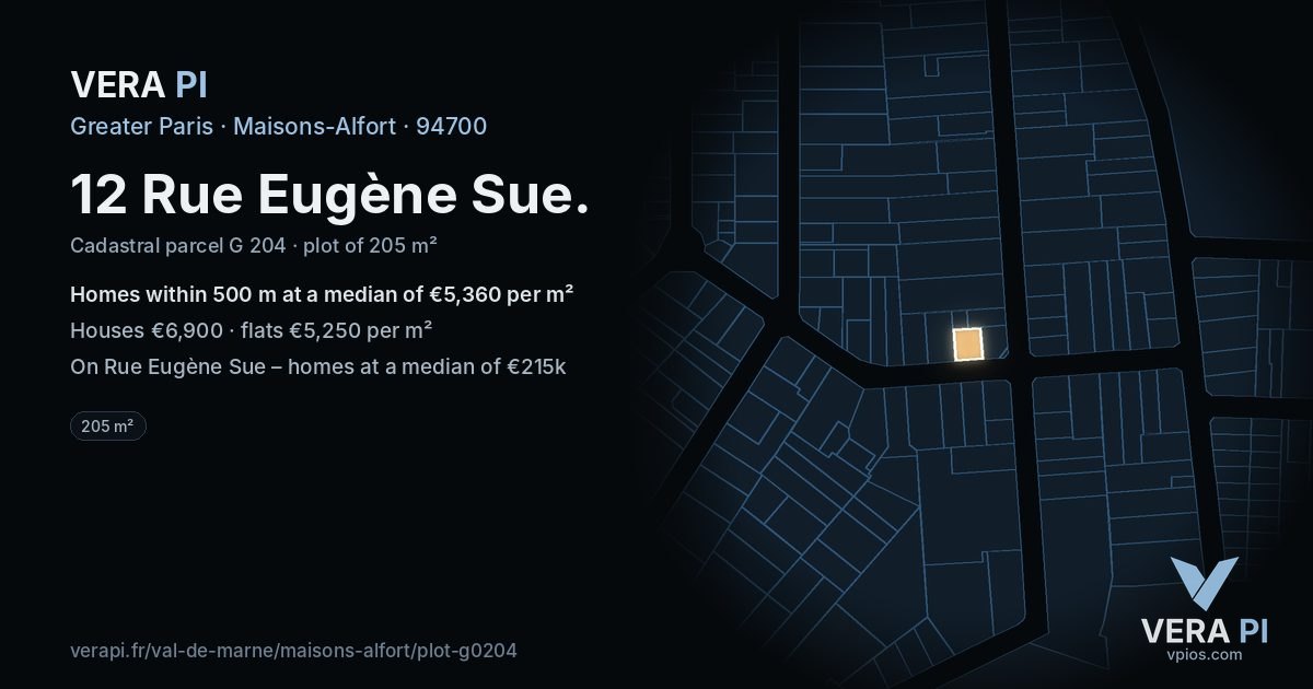 12 Rue Eugène Sue, Maisons-Alfort at night – the plot lit, the parcels around coloured by the prices near them
