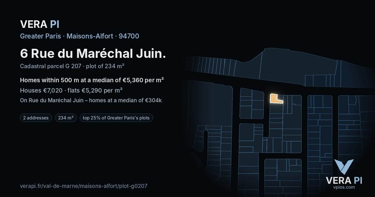 6 Rue du Maréchal Juin, Maisons-Alfort at night – the plot lit, the parcels around coloured by the prices near them
