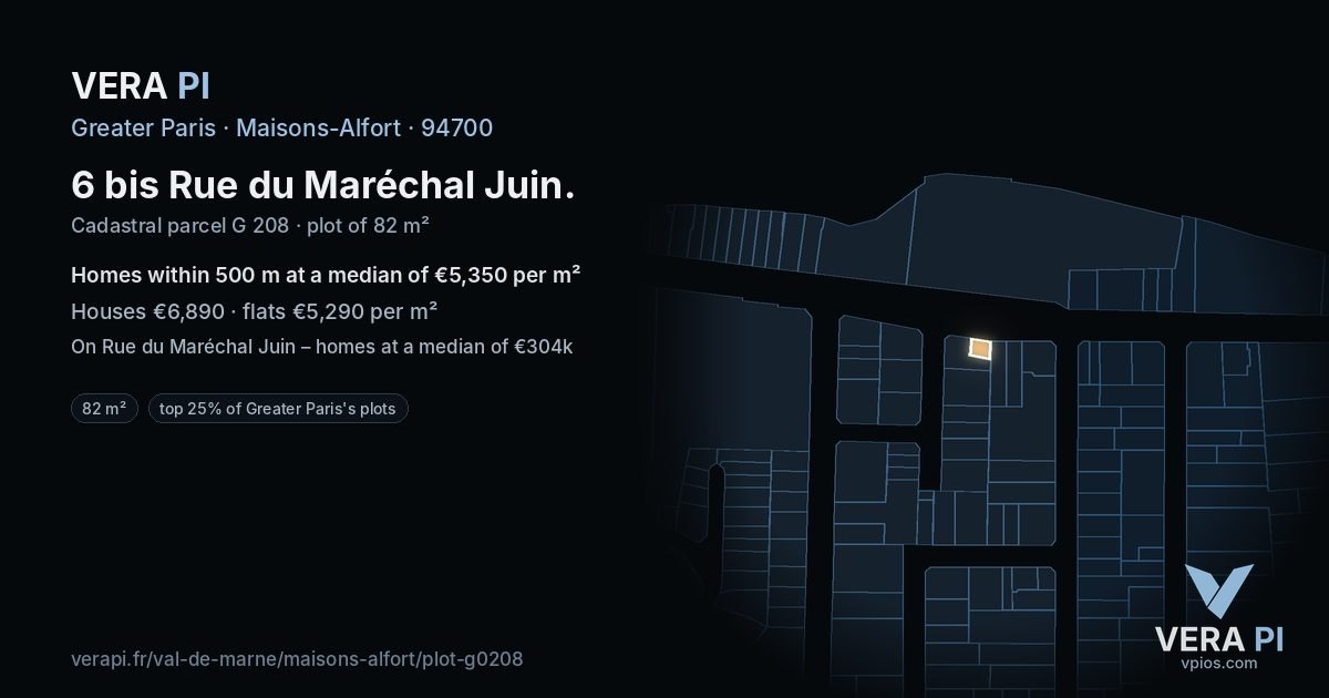 6 bis Rue du Maréchal Juin, Maisons-Alfort at night – the plot lit, the parcels around coloured by the prices near them